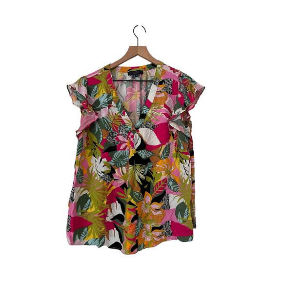 RACHEL Rachel Roy Pink Green Floral Flutter Sleeve Blouse Size 1X Tropical - Picture 1 of 4